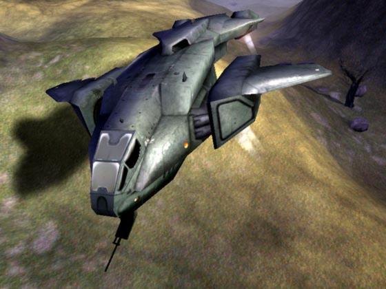 A Pelican dropship cruises the Halo